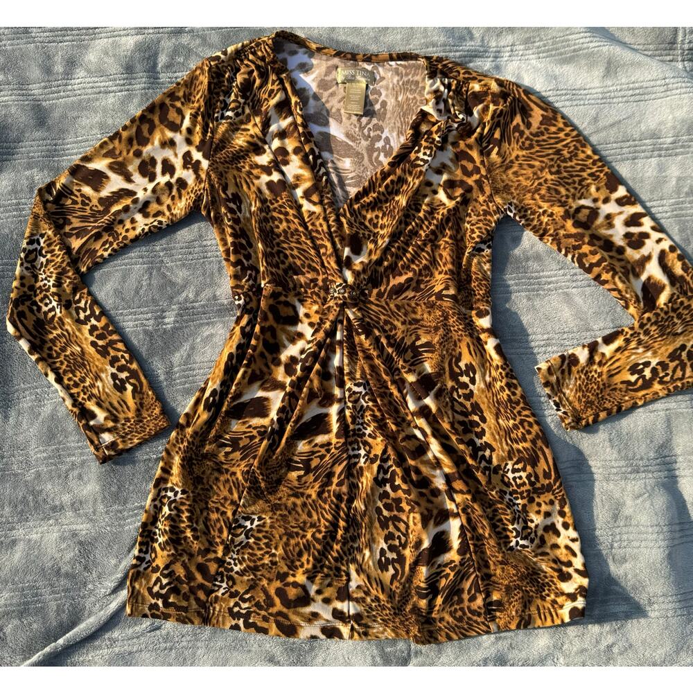 Miss Tina By Tina Knowles Long Sleeved Animal Print Y2K Tunic Blouse Medium